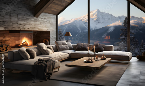 Cozy modern winter living room interior with a mountain view and modern fireplace in a chalet. 