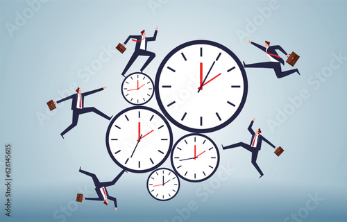 Time management, busy work, productivity, deadlines, countdowns, businessmen running on clocks with different time periods