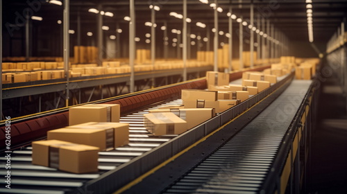 Conveyor belt with cardboard boxes in warehouse. AI generated Illustration
