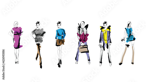 Beautiful young girl in stylish clothes. Fashion woman look. Sale concept. Hand-drawn fashion illustration. Cute girl in fashion clothes