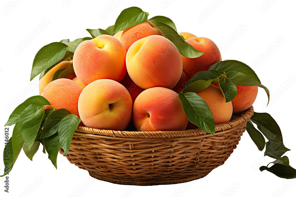 a realistic portrait of peaches in a basket isolated on white background PNG