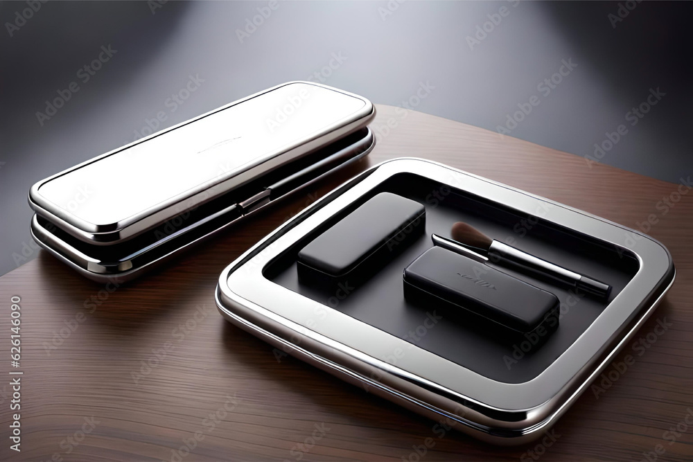 Design of a sleek and minimalist makeup kit concept, a compact and portable design with compartments for different makeup products, a built-in mirror,brushes | Generative AI Design of a sleek and minimalist makeup kit concept, a compact and portable design with compartments for different makeup products, a built-in mirror,brushes | Generative AI