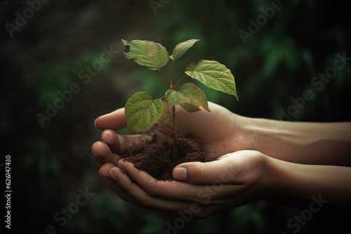 holding young plant, Close up plant, Hands holding young plant in sunshine and green background at sunset. Environment conservation, reforestation, climate change. Generative AI.