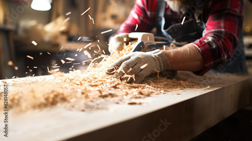 Masterful Craftsmanship: Carpenter Working on a Wooden Table in Carpentry Shop, Generative AI