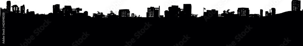 Ruined City panoramic silhouette. Vector horizontal banner of urban cityscape.