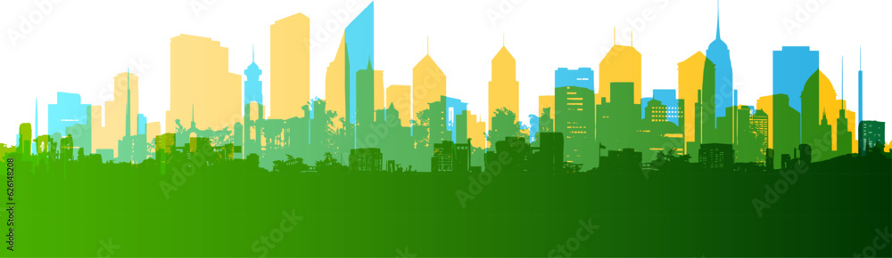 Colorful city skyline. Urban panoramic silhouette. Vector horizontal banner of cityscape in overlay style.