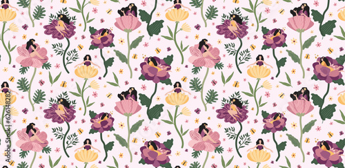 Woman flower pattern. Women day, international girl or lady, grow floral love, female people. Decor textile, wrapping paper, wallpaper design. Print for fabric. Vector seamless illustration