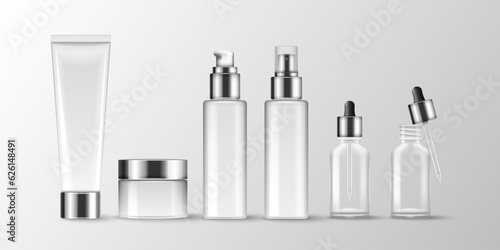 Cosmetic bottles. Moisturizing cream. 3D product packaging mockup. Skincare lotion phial or tube. Glass container. Empty jar and tube. Serum dropper. Vector realistic white packages set