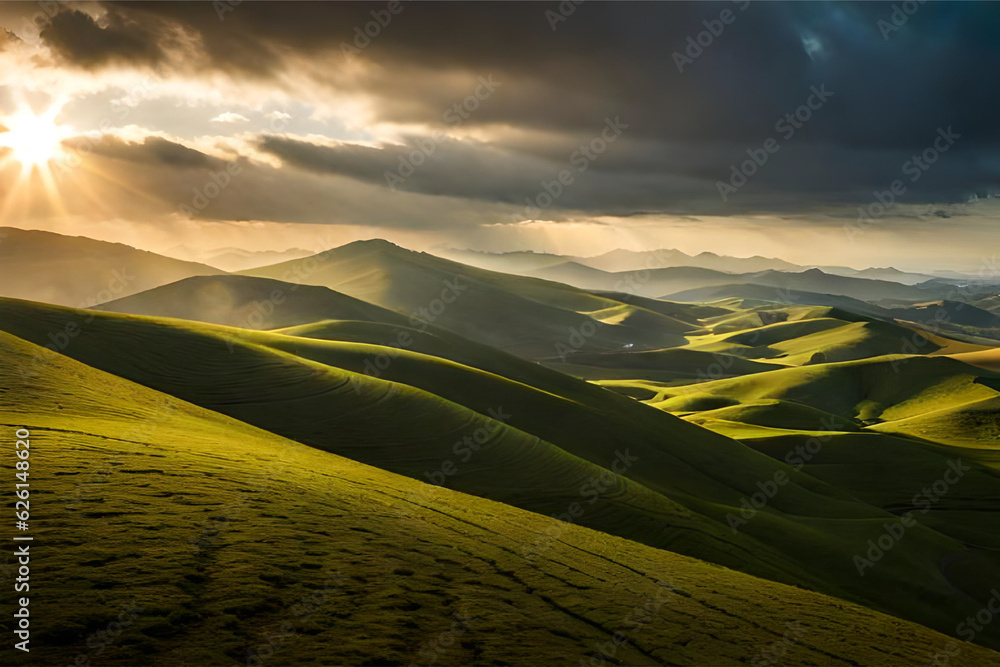 Design  of a serene and minimalistic landscape featuring rolling hills and distant mountains, capturing the beauty of simplicity and tranquility | Generative AI
