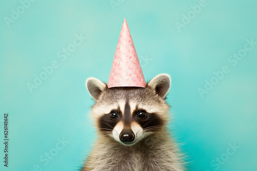 Cute racoon with birthday party hat on pastel background