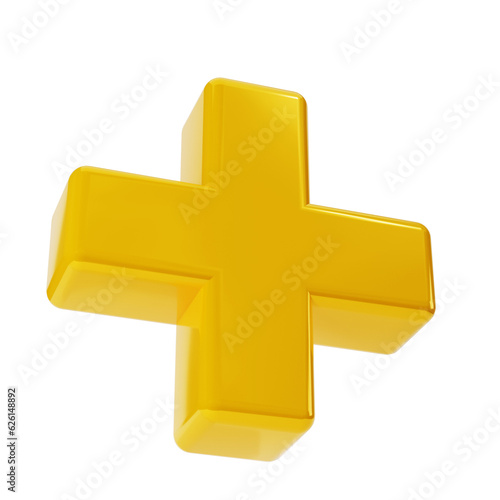 Realistic 3d yellow golden plus, add sign icon. Decorative arithmetic element, education maths, mathematical or medical symbol. Abstract illustration isolated transparent png