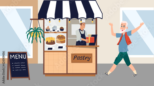 Old dancing man. Small business. Takeaway snacks store. Pastry kiosk. Outdoor shop. Happy elderly male. Grandfather walking on street. Senior buying cakes in stall. Vector illustration