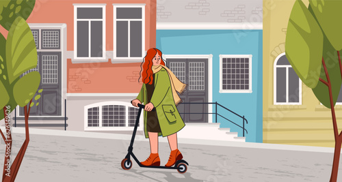 Girl riding scooter. Woman city drive. Electronic speed power. Teenager walking on street. Person on electric bike. Sport character. Modern transport. Urban building. Vector illustration