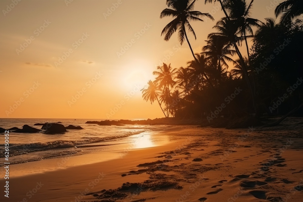 Summer sunset on a tropical sandy beach with palms. High quality photo,Generative ai