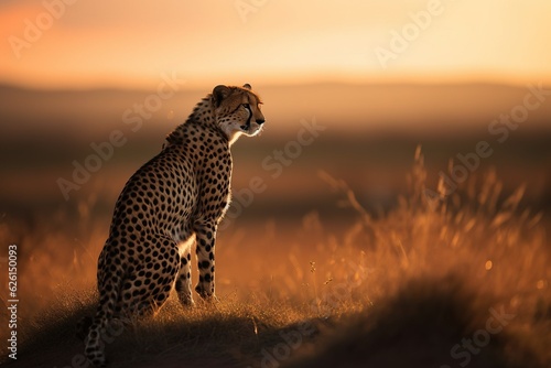 Sunset photo of cheetah standing on African savannah, Generative ai