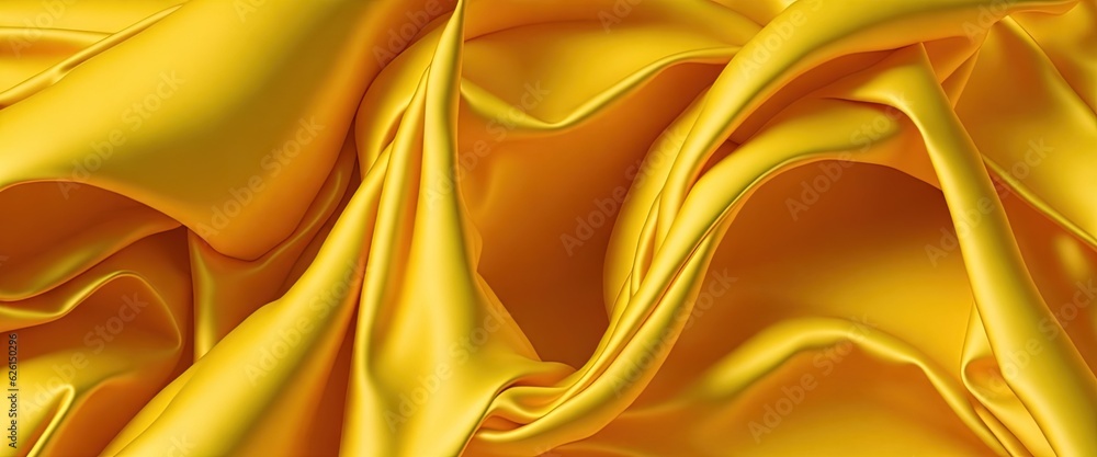 Yellow wavy silk background, wavy fluid texture, silky satin fabric elegant extravagant luxury wavy background. Generative Ai.