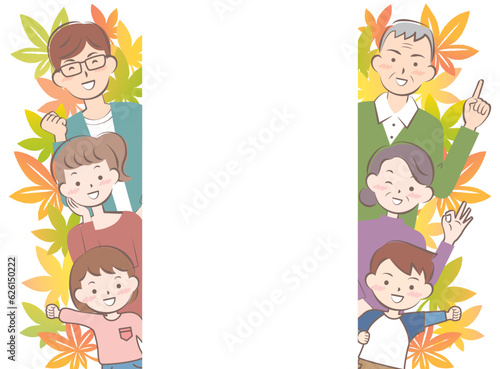 秋の三世代家族のフレーム　紅葉　もみじ