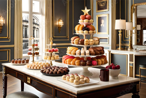 display of pastries inspired by the elegance of French patisserie,macarons, flaky croissants, and beautifully crafted tartlets,a sense of Parisian charm | Generative AI