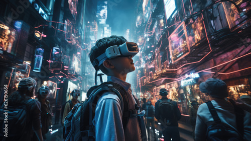 Kid with vr in future city 