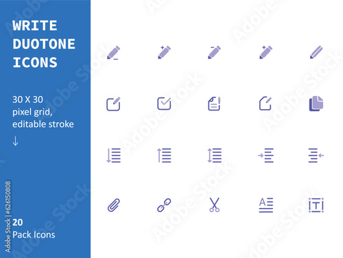 Write Duotone Icon Set, Minimal Vector Illustration, Simple Outline Sign of UI/UX, Editable Stroke