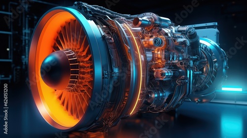 Glowing turbine engine the jet plane. Generative AI