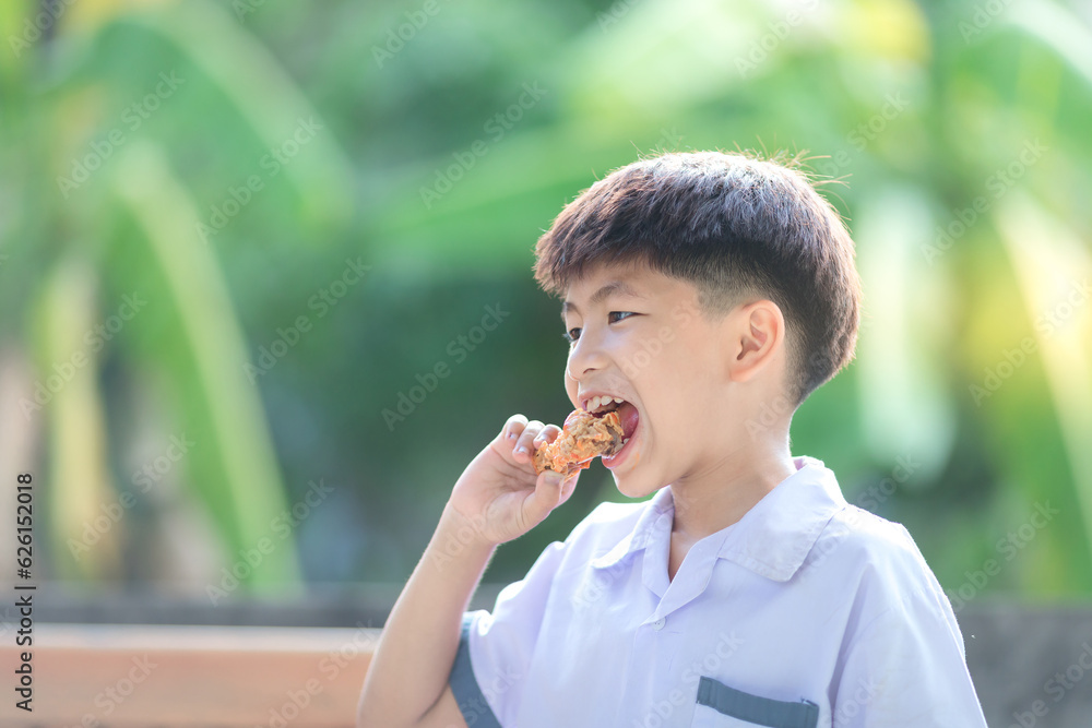 little boy eating fried chicken very delicious face. little boy eating fried chicken very delicious face.