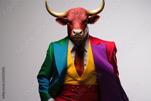 red bull in colorful suit