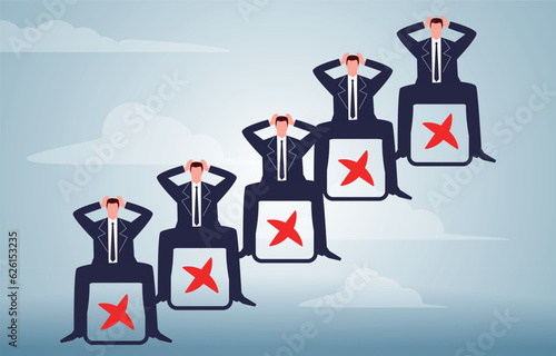 Bad decisions, failed careers or businesses, frustration or negativity, sad businessmen sitting inside the wrong checkboxes