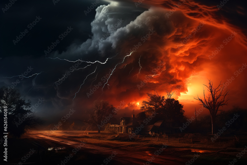 Thundercloud with lightning in field near house at night. Storm and tornado illustration