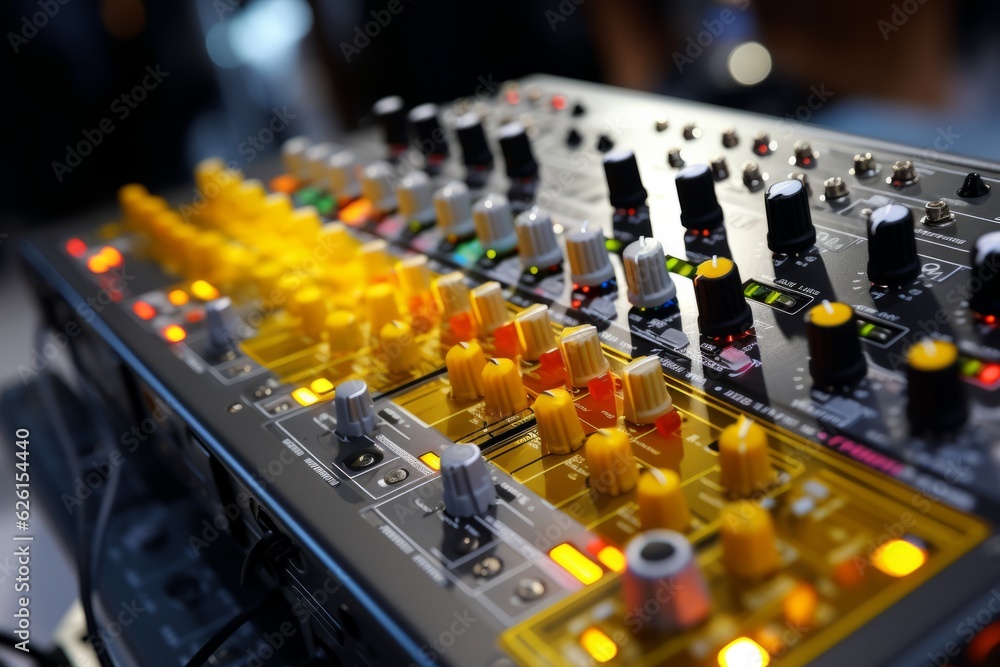 Close-up of a Mixing Board with an Array of Buttons and Knobs, Generative AI
