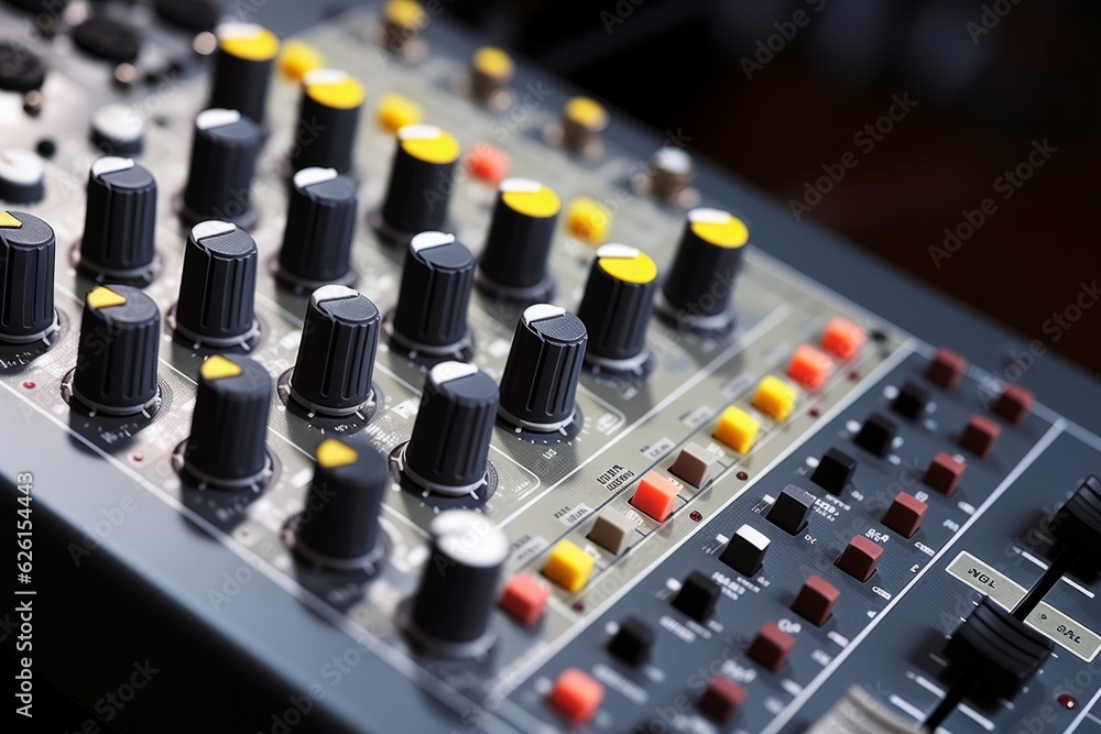 Close-up of a Mixing Board with an Array of Buttons and Knobs, Generative AI Close-up of a Mixing Board with an Array of Buttons and Knobs, Generative AI