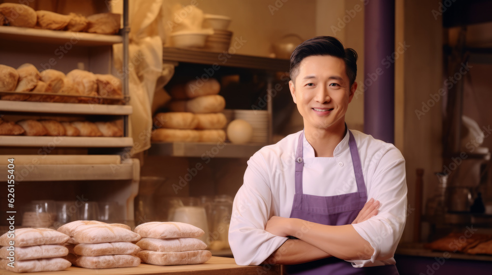 Asian man baker in a vintage bakery with freshly baked loaves of bread