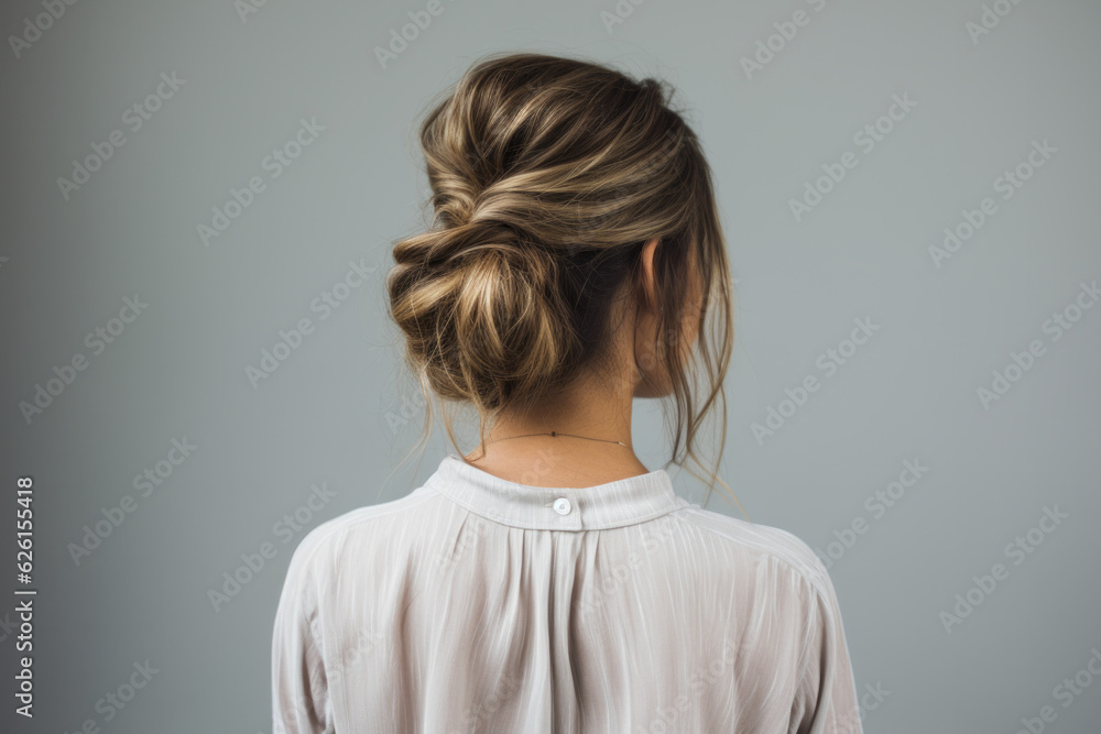 Obraz premium Back view of a girl head with hair in a messy bun hairstyle and simple top