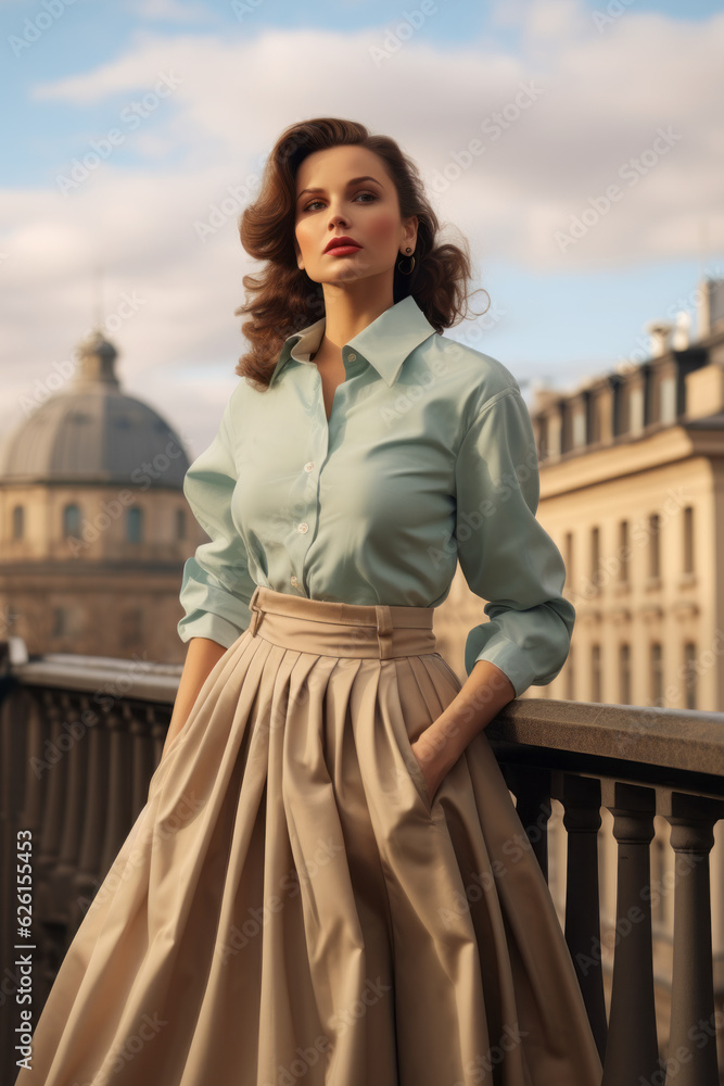 Caucasian woman in classic european costume, first half of 20th century with blouse and long skirt with bright colors , historic Europe city background