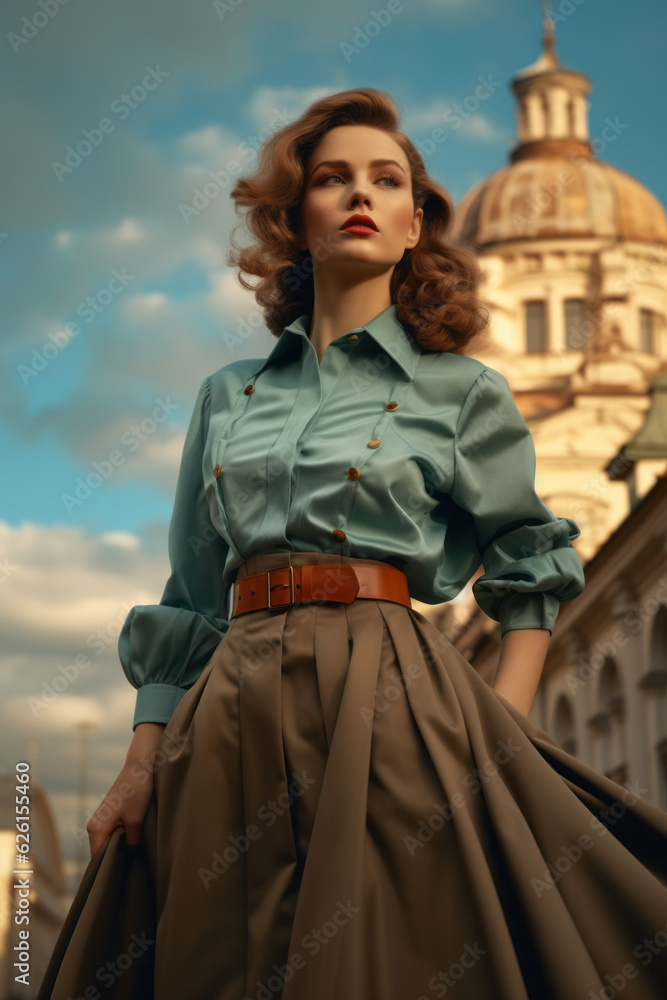 Caucasian woman in classic european costume, first half of 20th century with blouse and long skirt with bright colors , historic Europe city background