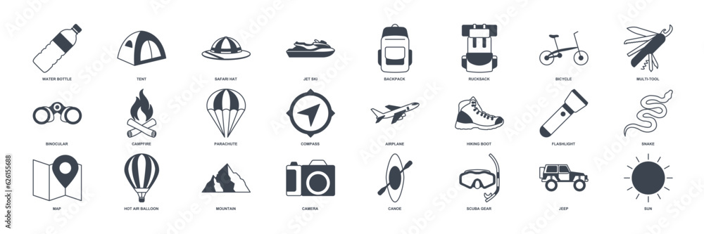 Fototapeta premium adventure icon set, summer camping trip symbols collection, logo illustrations, tourism or hiking sign package isolated vector illustration