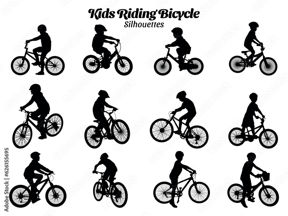 Fototapeta premium Cycling kids silhouettes vector illustration set