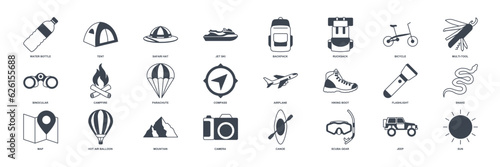 adventure icon set, summer camping trip symbols collection, logo illustrations, tourism or hiking sign package isolated vector illustration