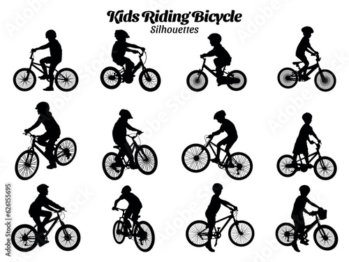 Cycling kids silhouettes vector illustration set