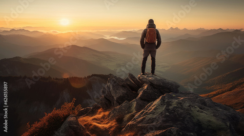 Majestic Mountain Sunrise - Adventurous Hiker on High Peak - Generative AI