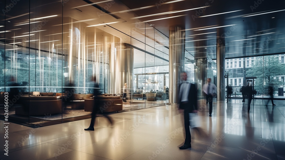 Long exposure shot of crowd of business people walking in bright office lobby fast moving with blurry, Generative AI