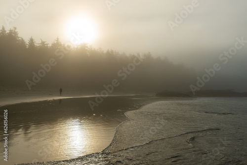 Silhouette of a man walking on Chesterman Beach in the mist, Tofino, Vancouver Island, British Columbia, Canada. photo