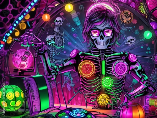 Un esqueleto con gafas y una bola de discoteca en tonos neón, rodeado por un caleidoscopio de luces de colores.