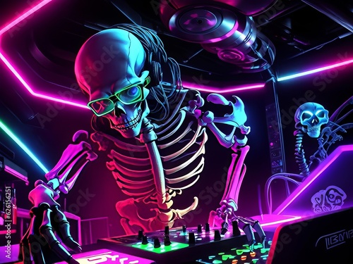 Un dj esqueleto con gafas en un club nocturno, iluminado por un espectro de luces de colores y elementos de neón