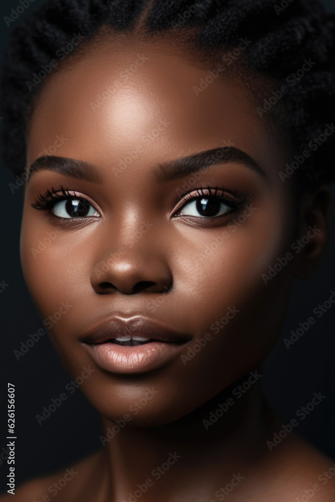 Portrait of an African American Woman Model with Simple Clean Makeup, Generative AI