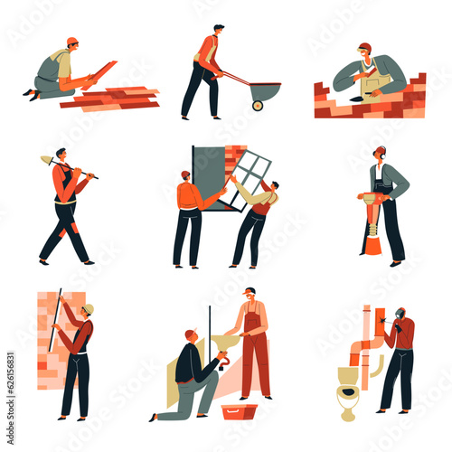 Builders on building site, construction works