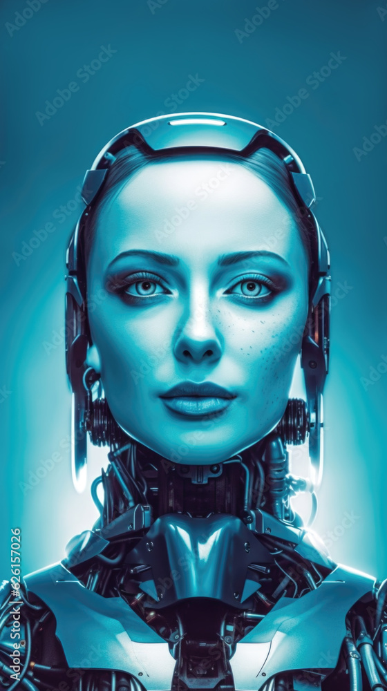 AI Female Robot with Wires in Blue Tones, Generative AI