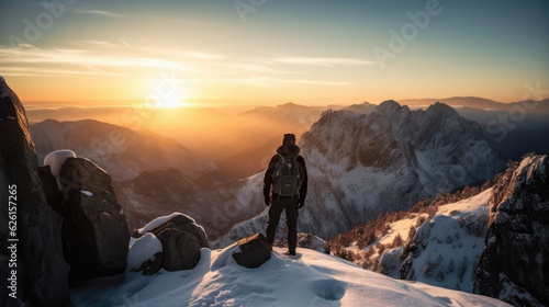 Majestic Mountain Sunrise - Adventurous Hiker on High Peak - Generative AI