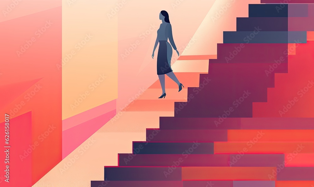 Contemporary artwork of a woman in business attire climbing stairs Contemporary artwork of a woman in business attire climbing stairs