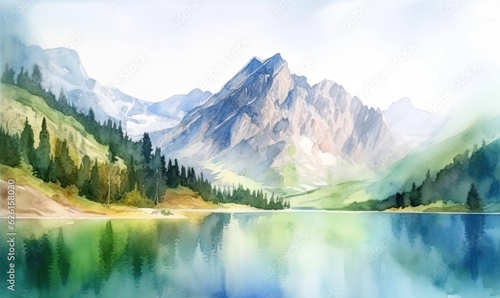 Watercolor art of alpine mountains and a serene lake